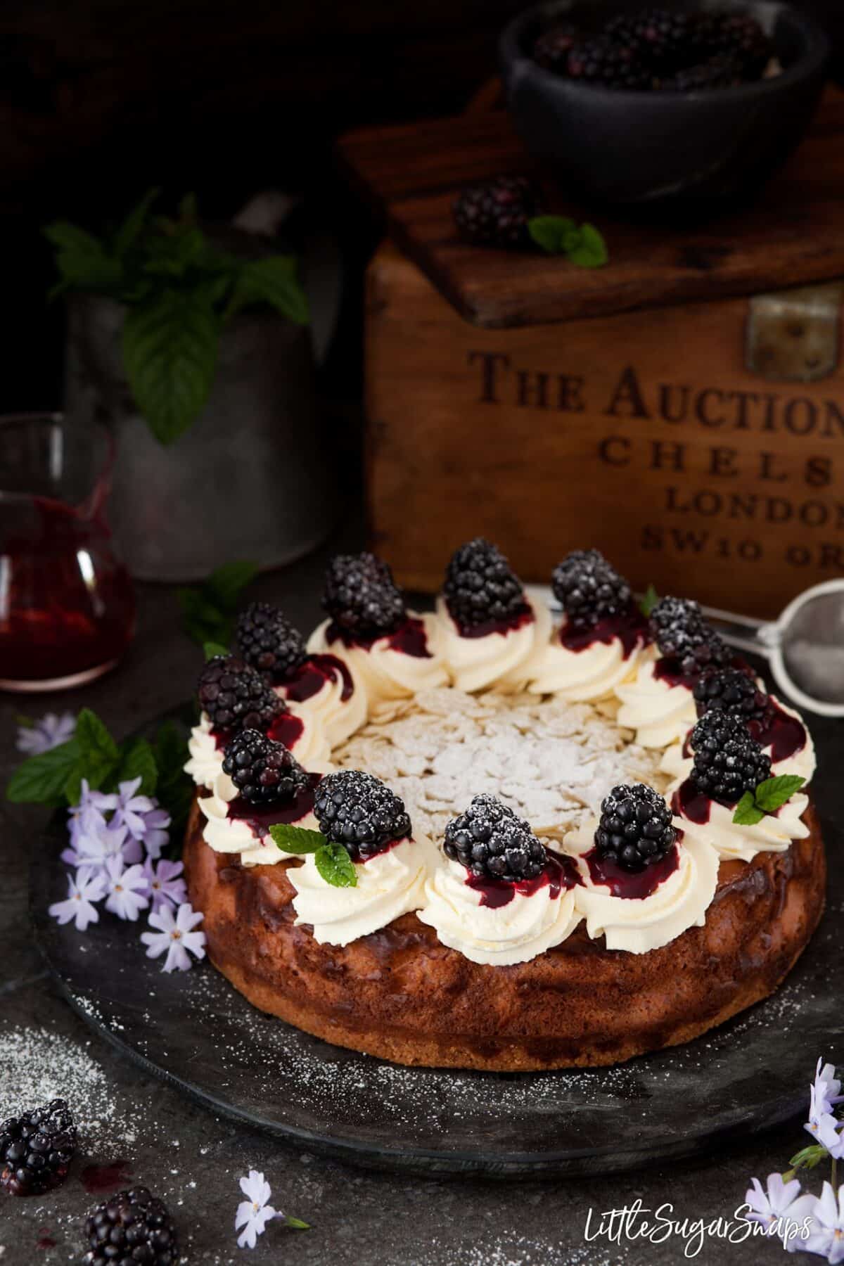 Blackberry Feta Cheesecake with blackberry coulis, cream, fresh blackberries and mint