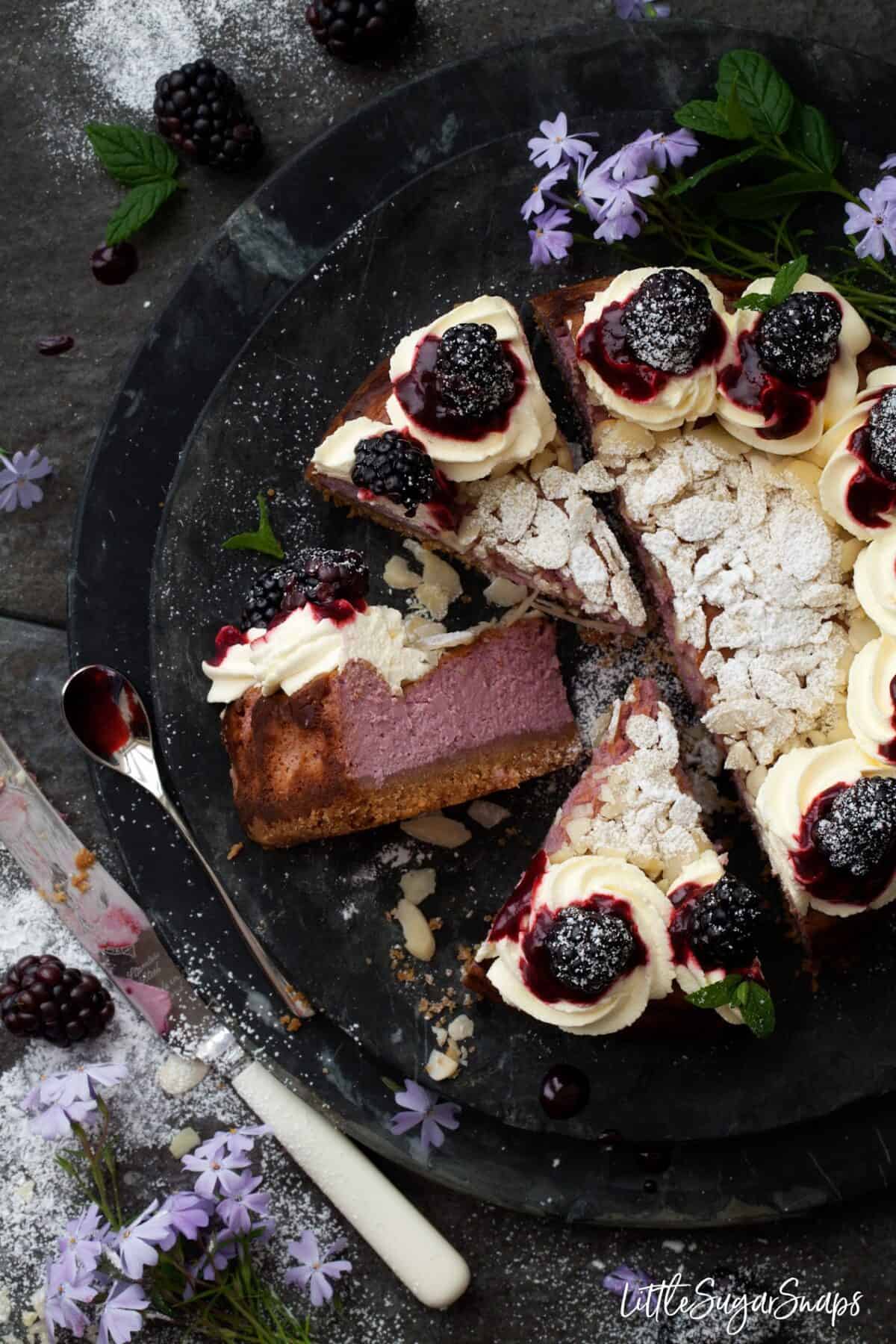 Blackberry Feta Cheesecake slices on a plate - one slice is on its side.