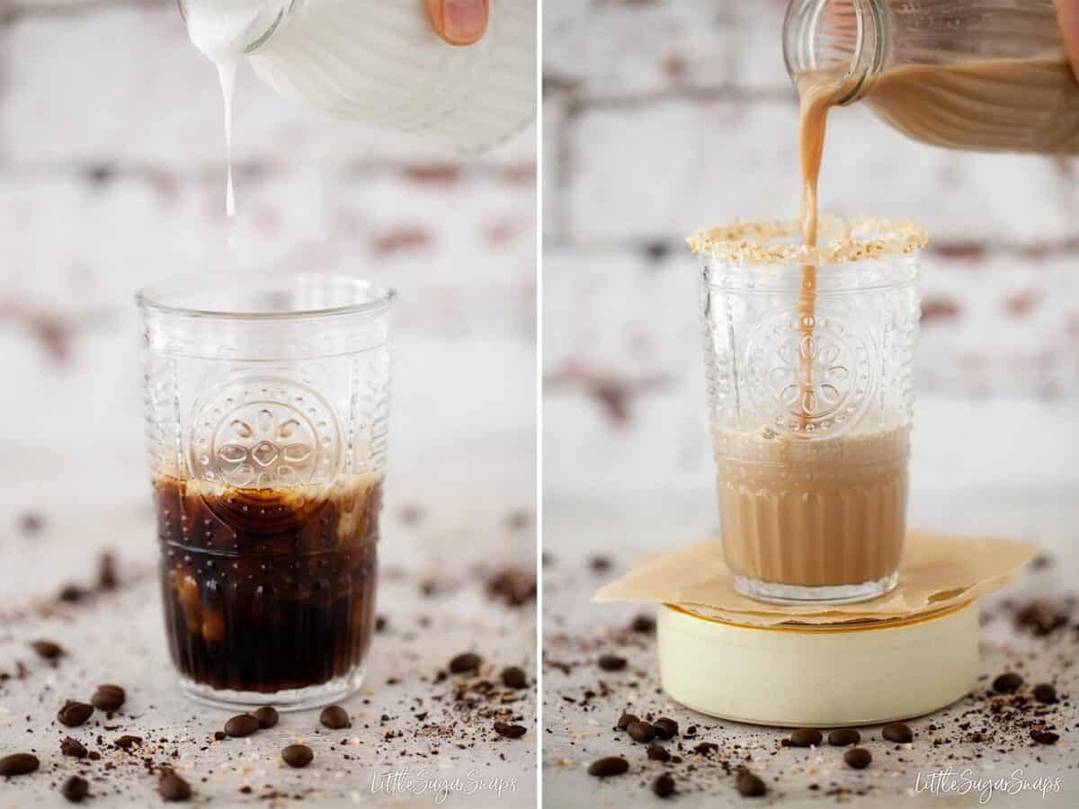 Collage of an iced coffee being poured into a glass.