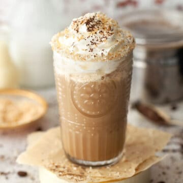 sweet iced coffee with cream and toasted coconut