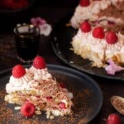 A slice Chocolate Raspberry Dacquoise Cake on a black plate, in front of the entire cake it was cut from. Layers of meringue, cream and raspberry coulis are evidentand the slice is topped with fresh fruit and chocolate flakes