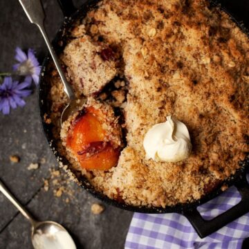 Bourbon Peach Crisp with Amaretti Crumb and cream