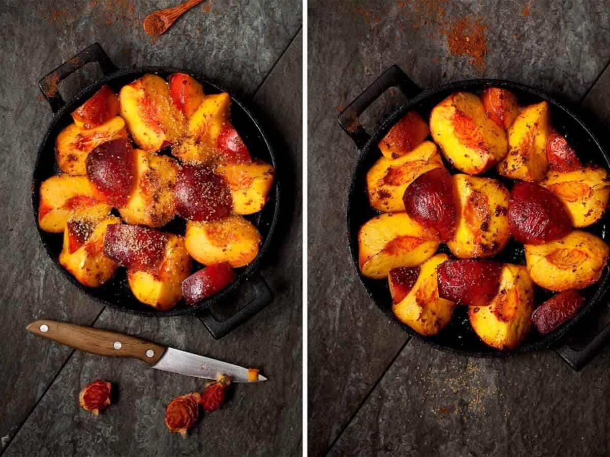 Roasting peaches in a cast iron skillet for a crumble