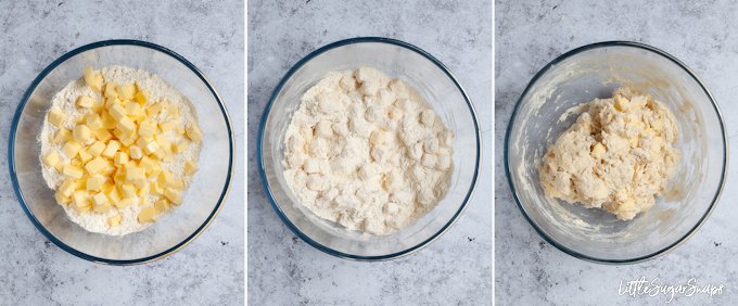 3 step by step images to making rough puff pastry - ingredients in a bowl, ingredients tossed together and ingredients mixed to a dough