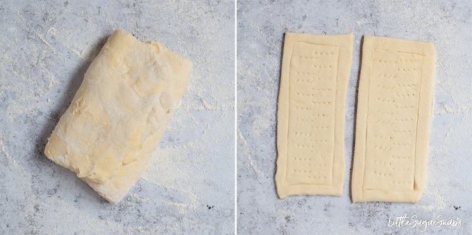 step by step images - rough puff pastry ready to be rolled and rolled out into tart cases
