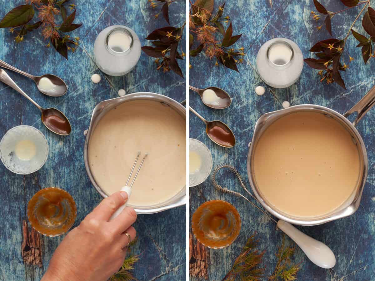 Process images of caramel liqueur with bourbon being made - whisking the ingredients together in a pan