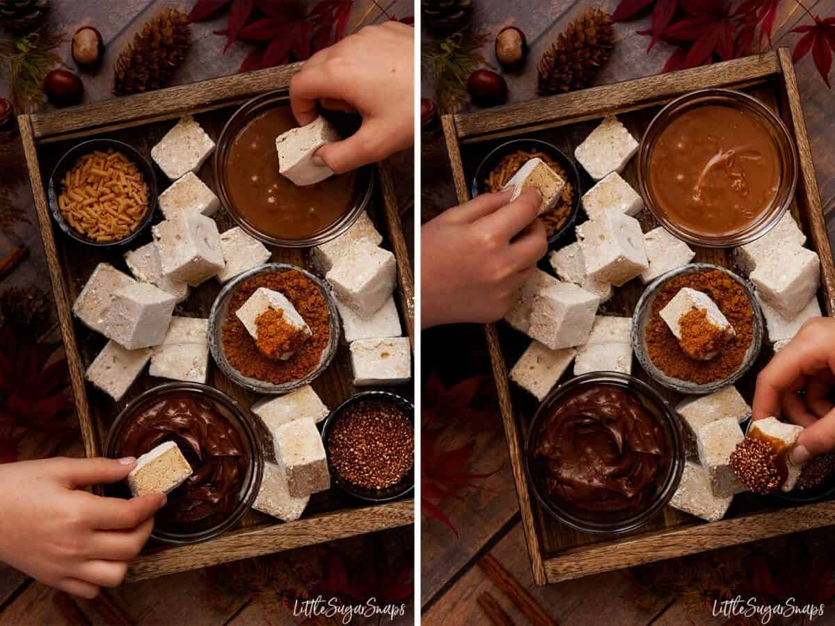 Collage of children dipping marshmallow squares in sauce and sprinkles.