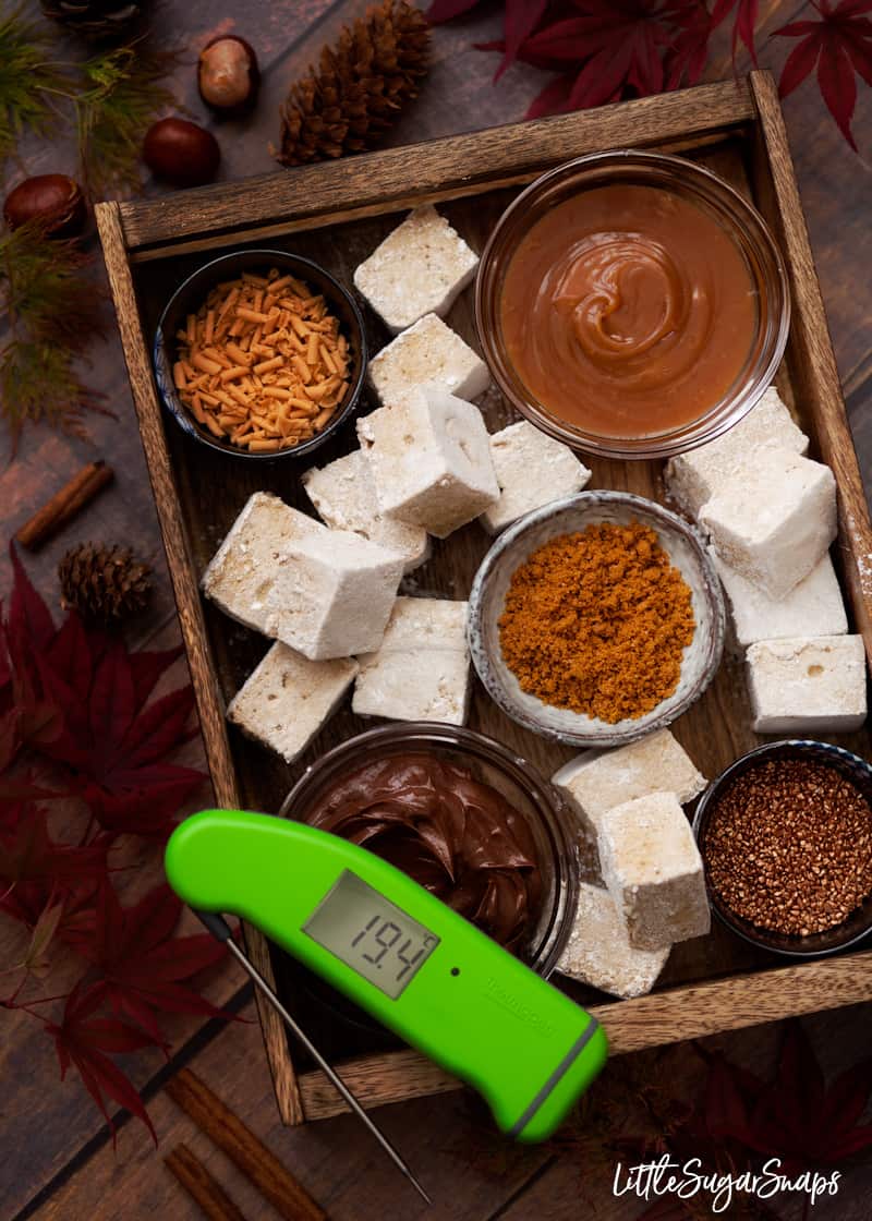 Pumpkin spice marshmallows with caramel sauce, chocolate sauce, crushed biscoff, caramel candy curls and bronze sprinkles.