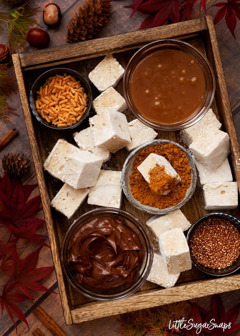 A dessert bar featuring caramel sauce, chocolate sauce, crushed Biscoff, caramel candy curls and bronze sprinkles.