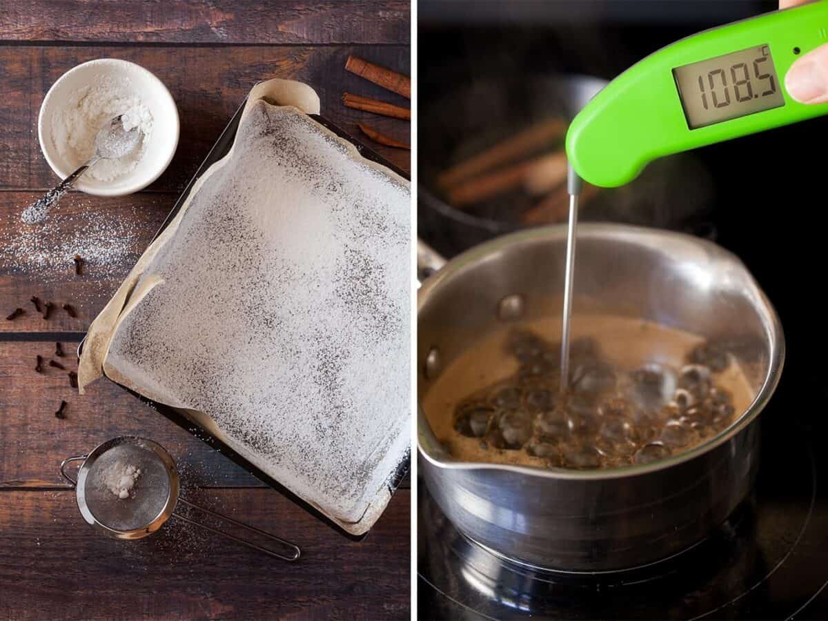 step by step to making marshmallows. Lining  baking tin and checking cooking temperature.