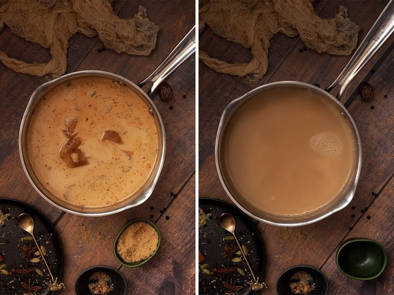 step by step images for making rum masala chai. Adding milk