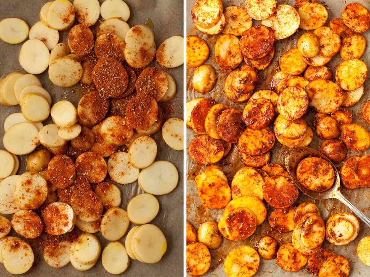 Sliced potatoes with spices, herbs and seasoning on baking parchment