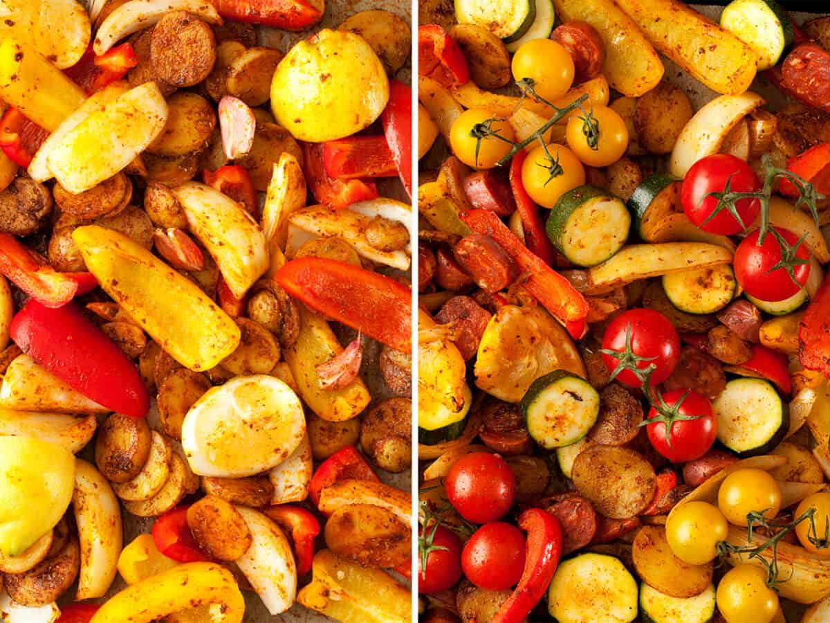 Ingredients for a sheetpan dinner in various stages of cooking