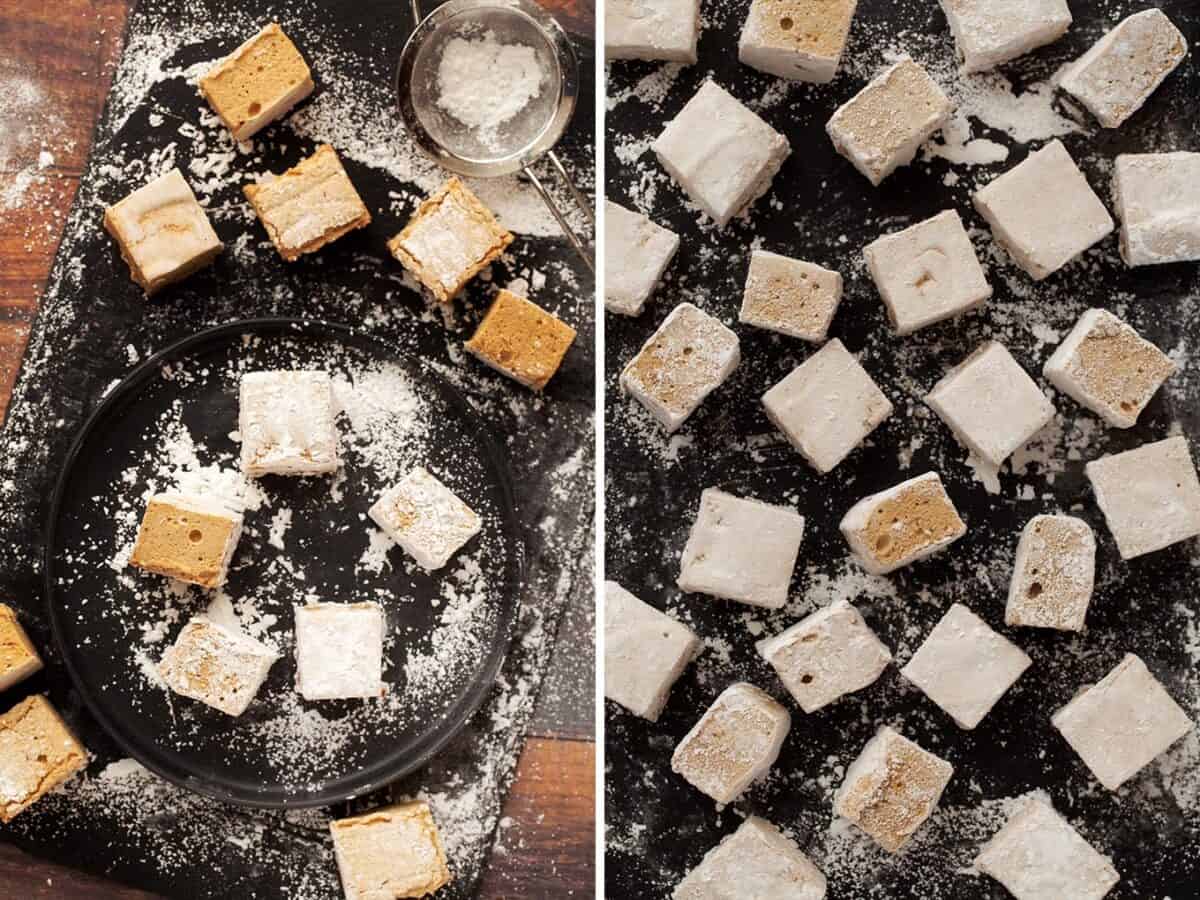 Pumpkin Spice flavoured marshmallows cut into squares and being coated in icing sugar & cornflour
