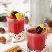 Hot mulled apple and blackberry juice in vintage glassware with cinnamon, star anise and blackberry garnish