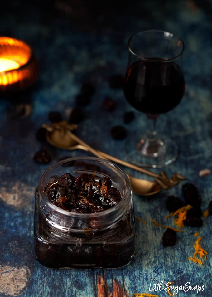 A jar of raisins and chopped prunes with orange zest soaked in Pedro Ximénez sherry. 