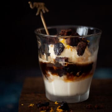 Sherry affogato with raisins and chocolate brownie chunks