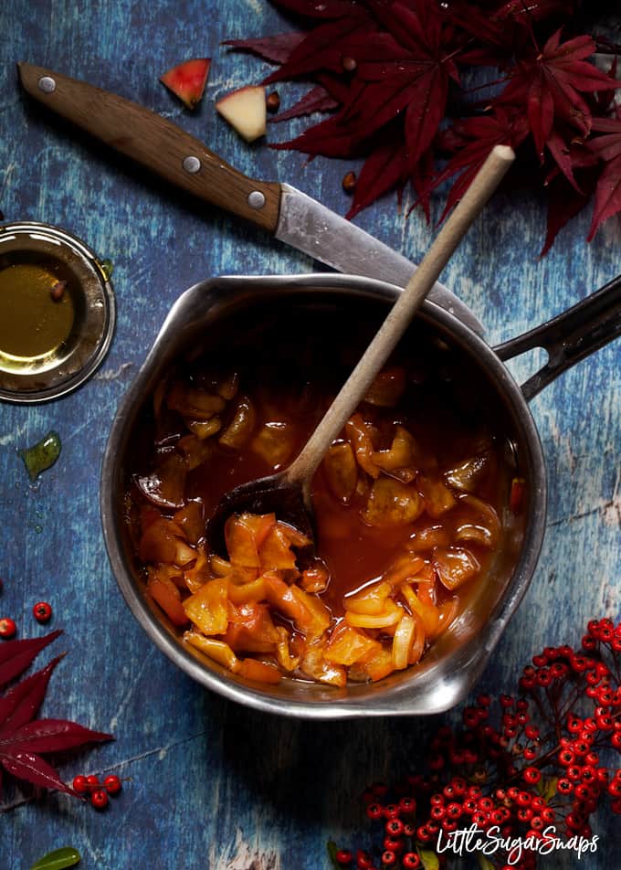 Toffee apple sauce in a pan with red foliage in shot