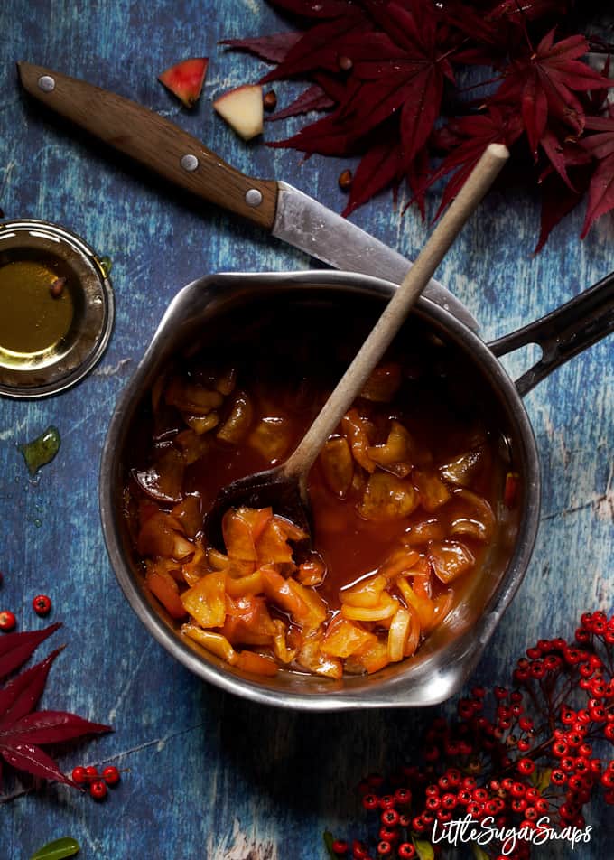 Toffee apple sauce in a pan with red foliage in shot