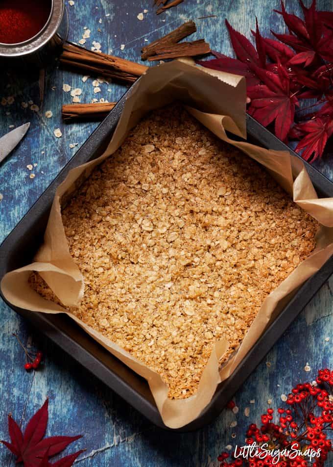 Flapjack in a baking tin surrounded by autumn foliage