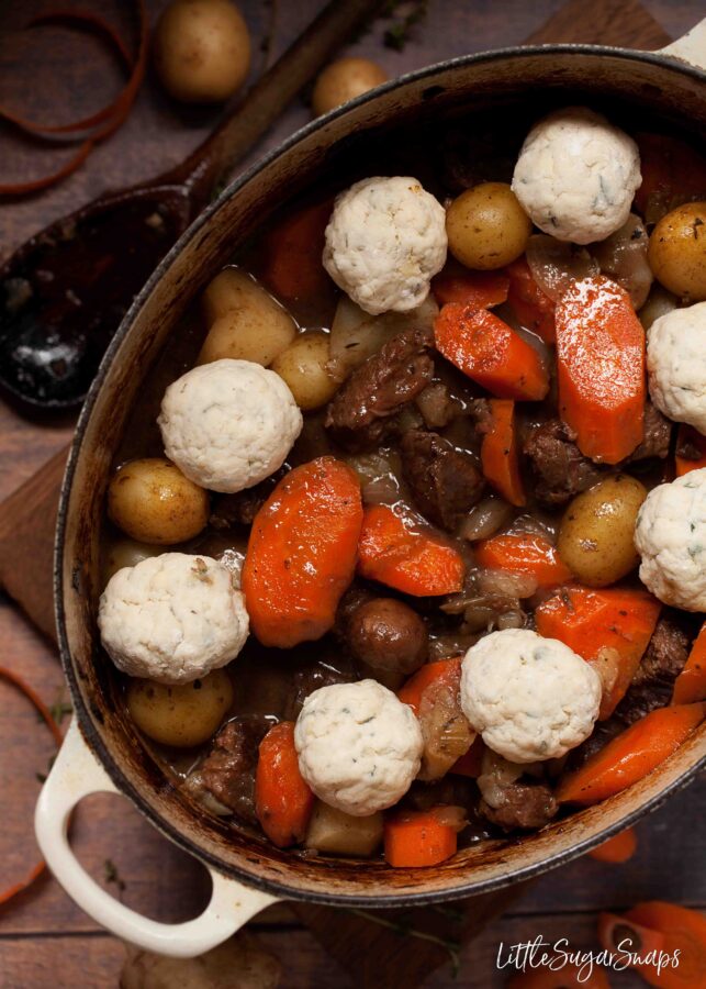 Hearty Beef Stew and Dumplings with Stilton and Pickled Walnuts