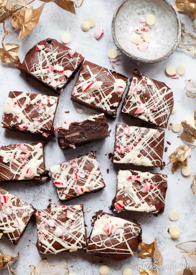 Candy cane brownies cut into squares on a worktop