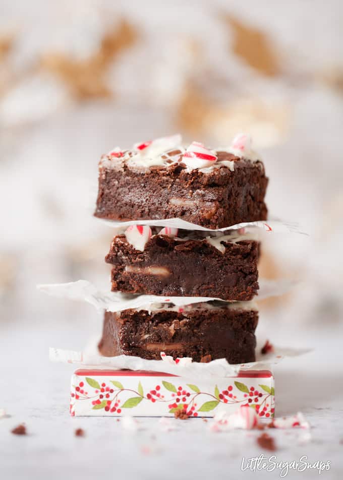 Squares of After Eight brownies stacked on a box lid