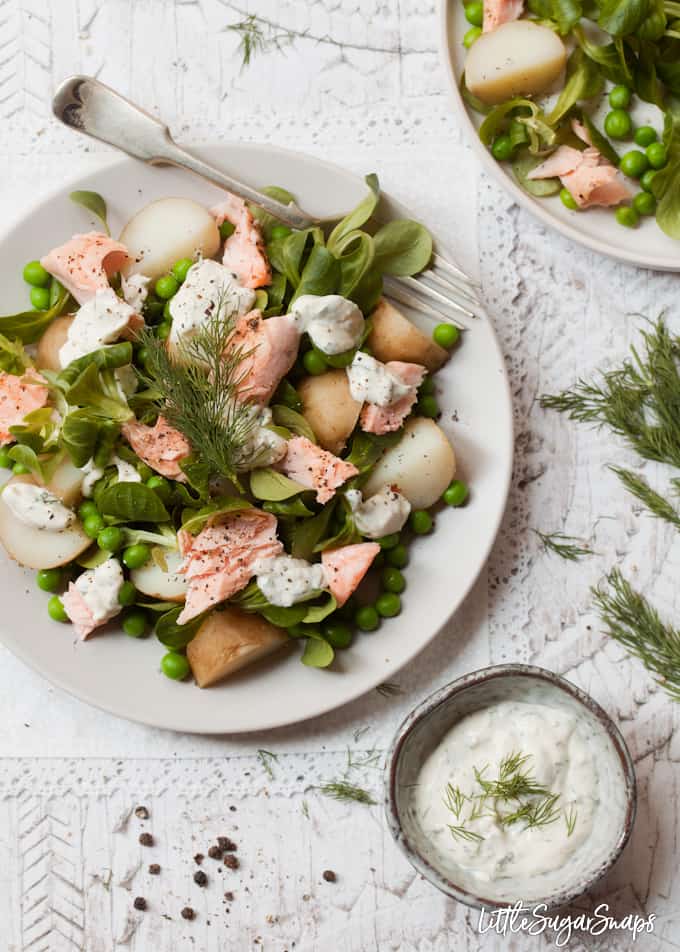 Salmon and Potato Salad with Horseradish Dressing with peas, lambs lettuce and dill.