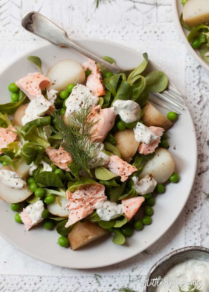 Salmon and Potato Salad with Horseradish Dressing with peas, lambs lettuce and dill.
