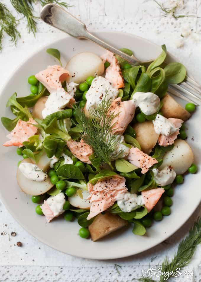 Salmon and Potato Salad with Horseradish Dressing with peas, lambs lettuce and dill.