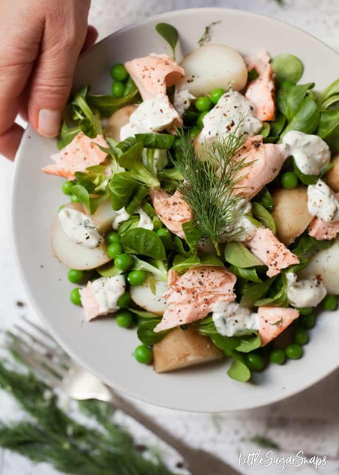 Person picking up a plate of Salmon and Potato Salad with horseradish dressing.