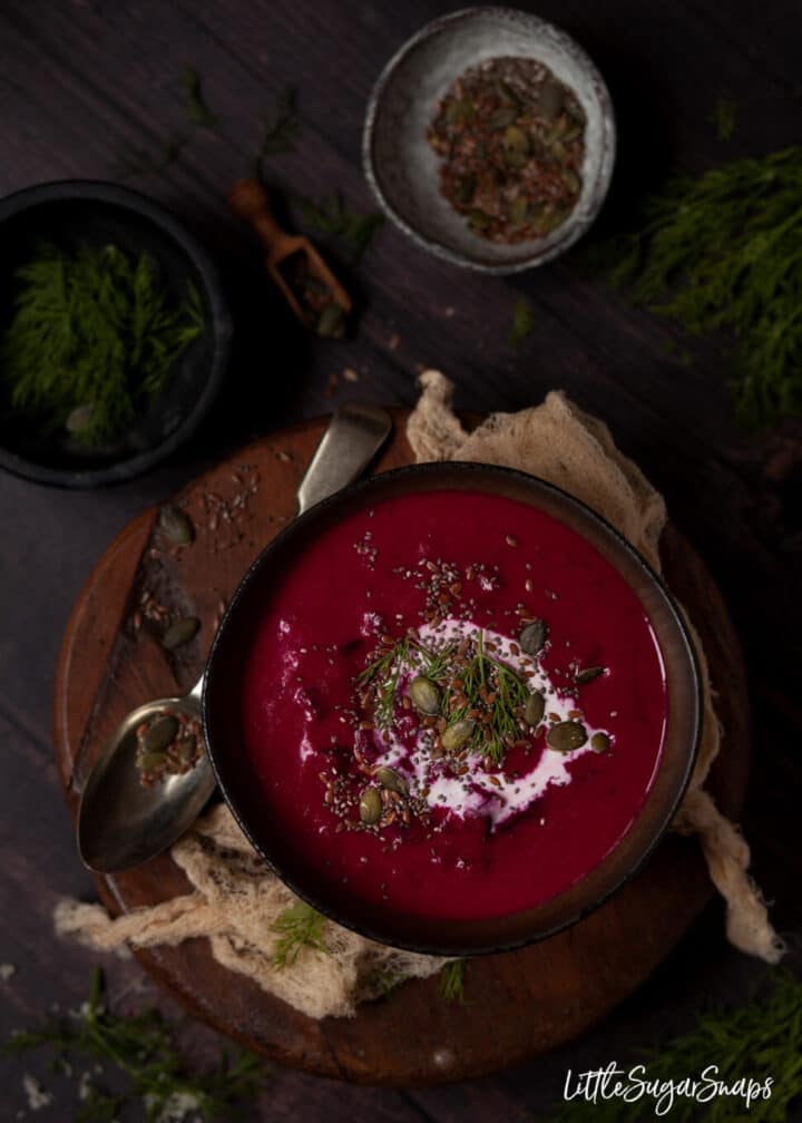 Beetroot and Horseradish Soup with Dill Little Sugar Snaps