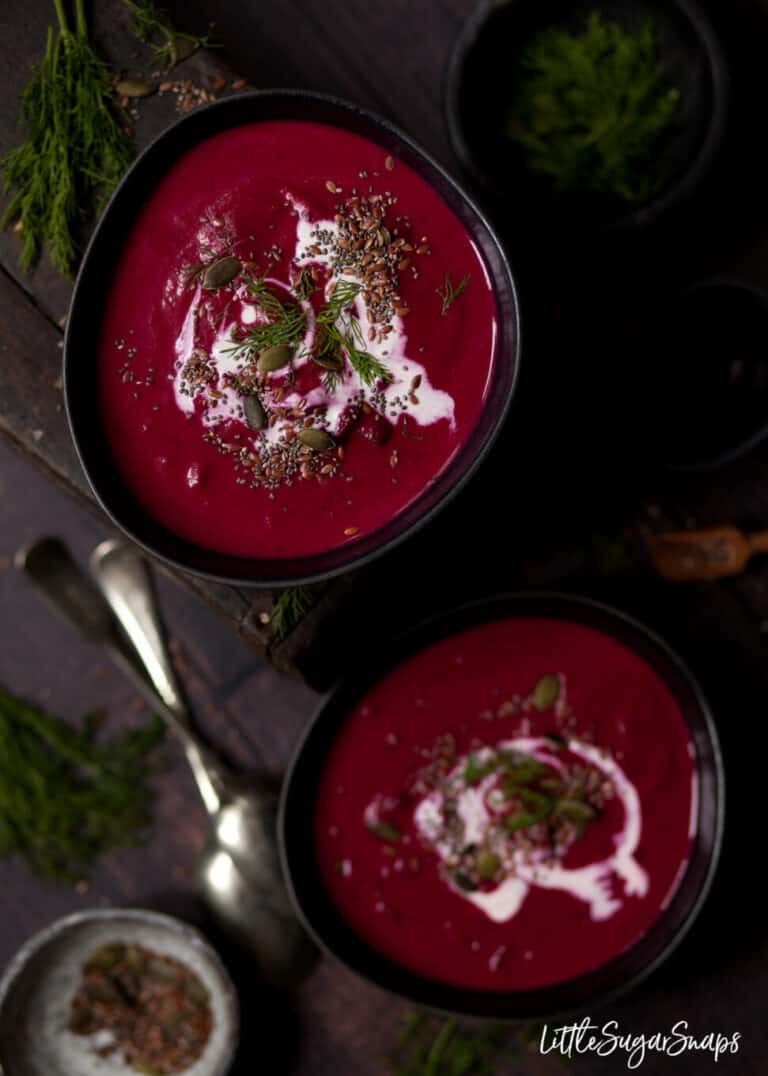 Beetroot and Horseradish Soup with Dill Little Sugar Snaps