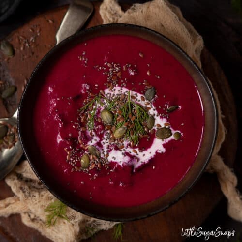 Beetroot and Horseradish Soup with Dill Little Sugar Snaps