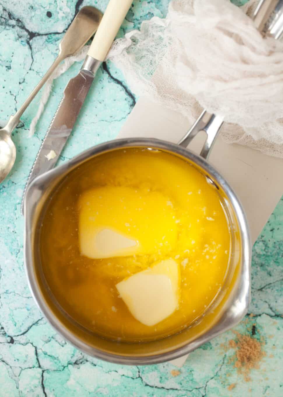 Melting butter in a pan for browned butter