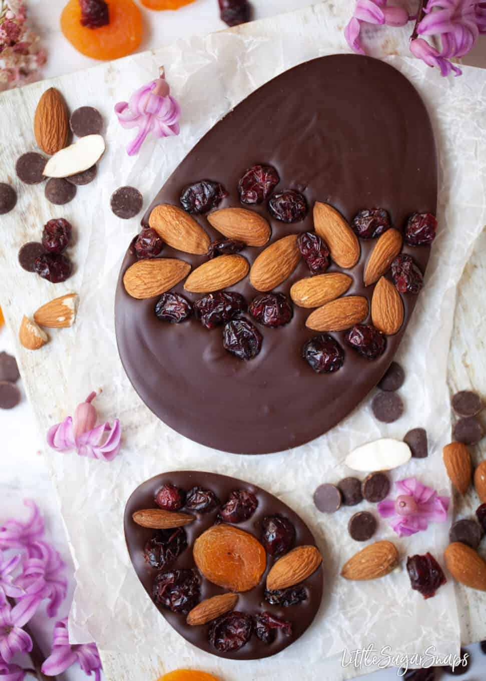 Homemade easter egg recipe with Semi-sweet chocolate, dried fruit and almonds. 