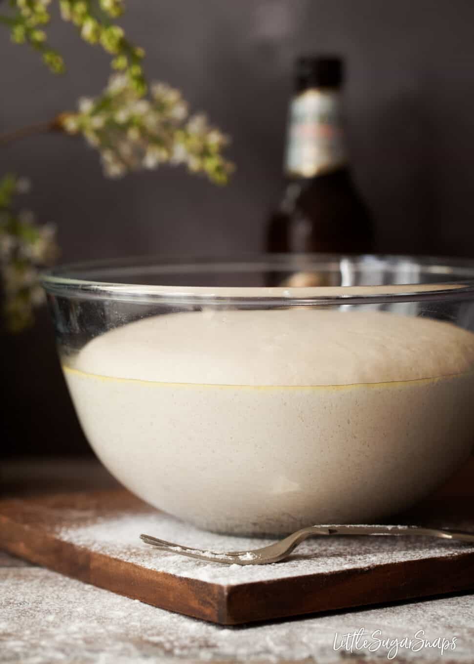 Beer pizza dough in a bowl after rising