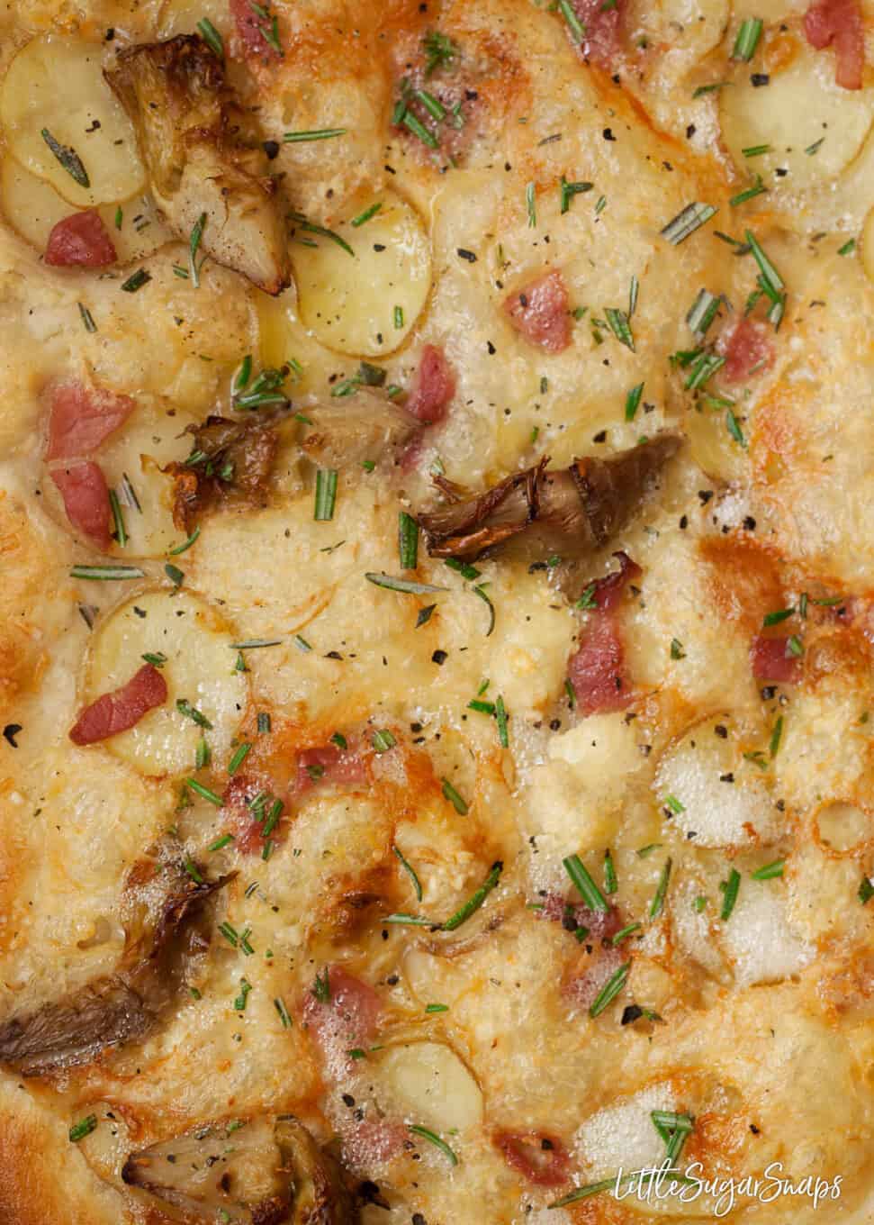 Close-up of white pizza recipe with potatoes, cheese, bacon and artichokes