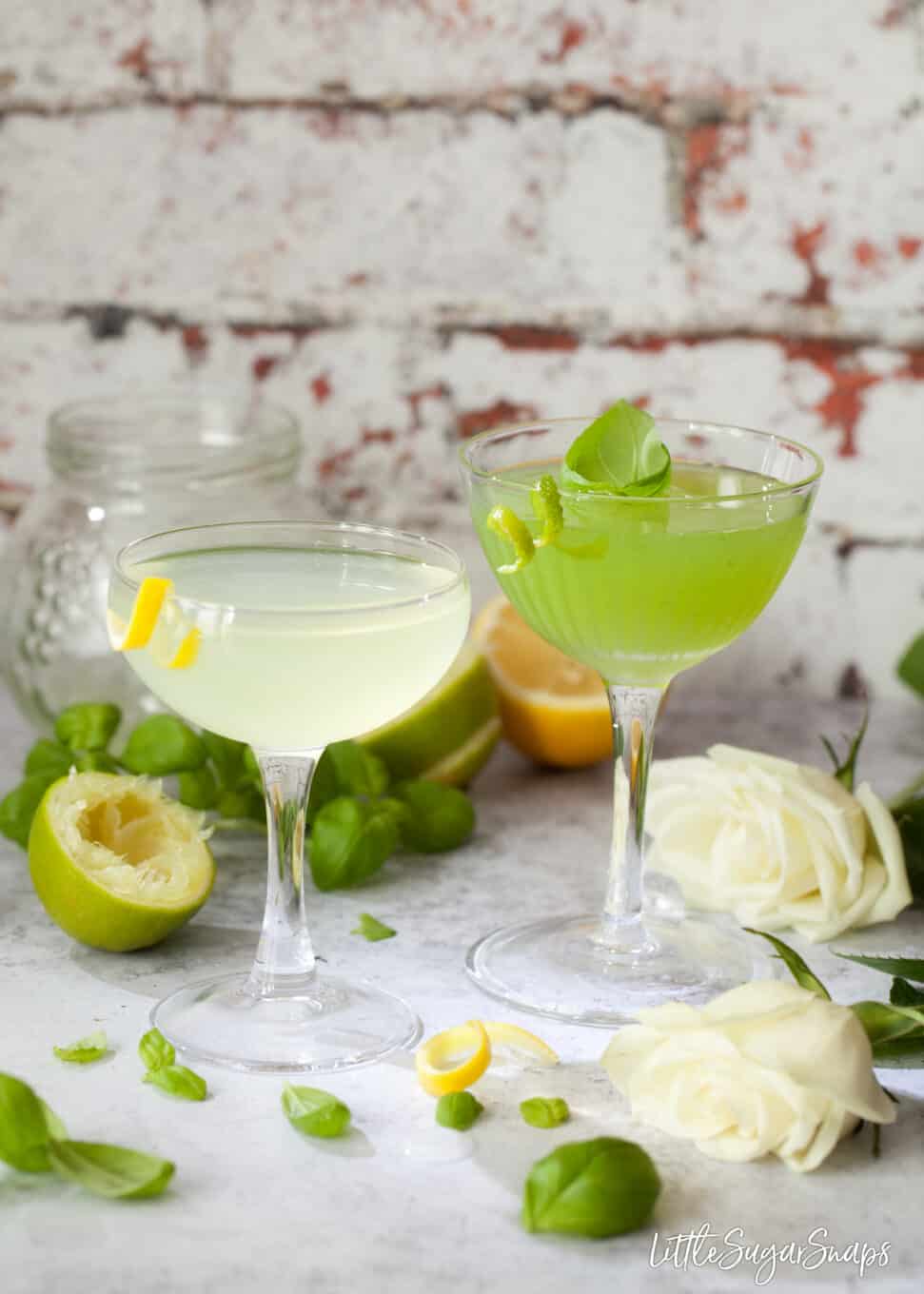 Classic Spring Feeling and Basil Cocktails garnished with lemon and lime.