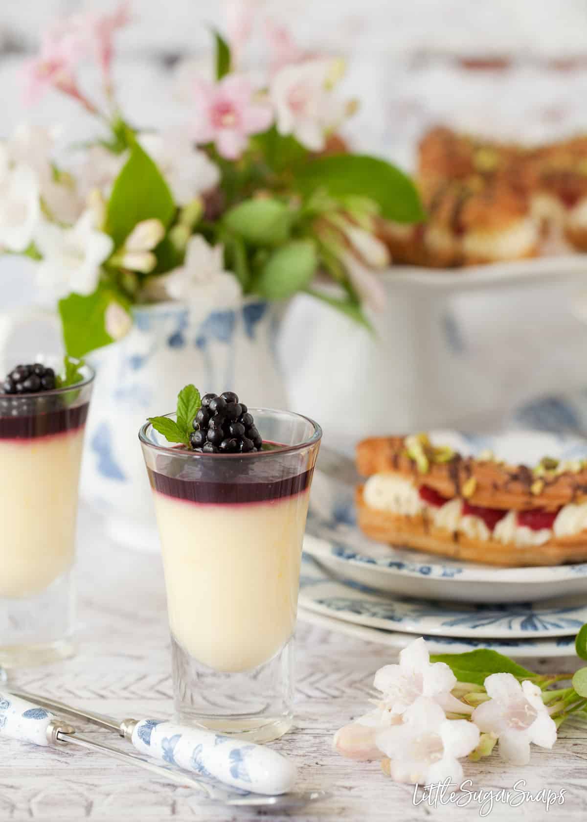 Several Afternoon Tea recipes including: Creamy lemon posset dessert topped with blackberry compote