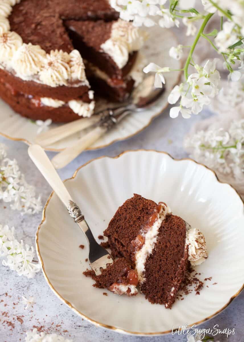 A slice of chocolate and cream cake on a plate with the rest of the cake in the background