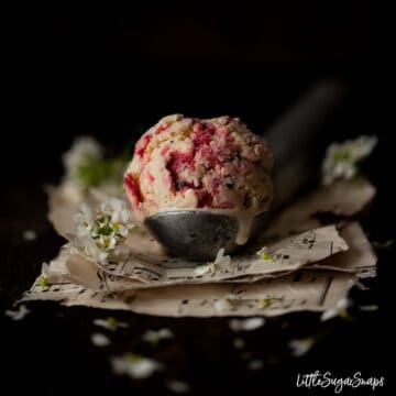 A ball of raspberry ripple ice cream on a vintage ice cream scoop
