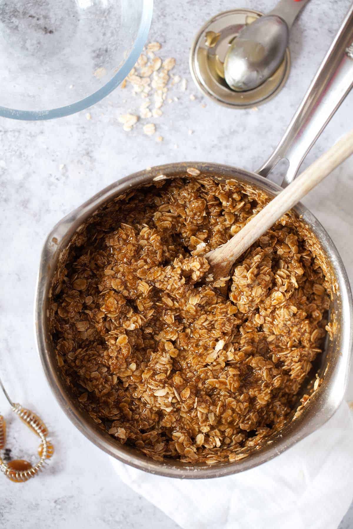 Biiscoff flapjack mix in a saucepan