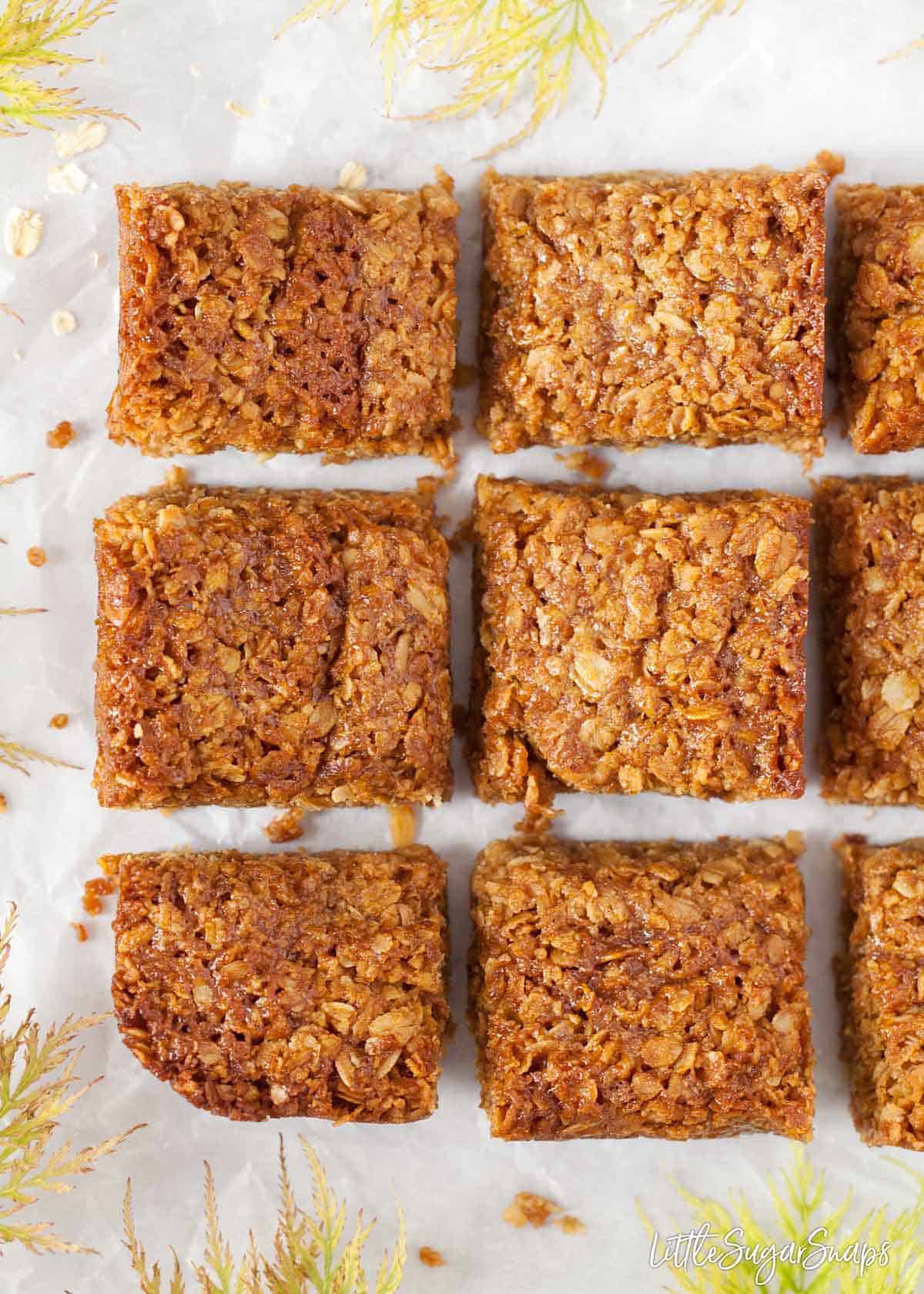 Squares of flapjack on a worktop