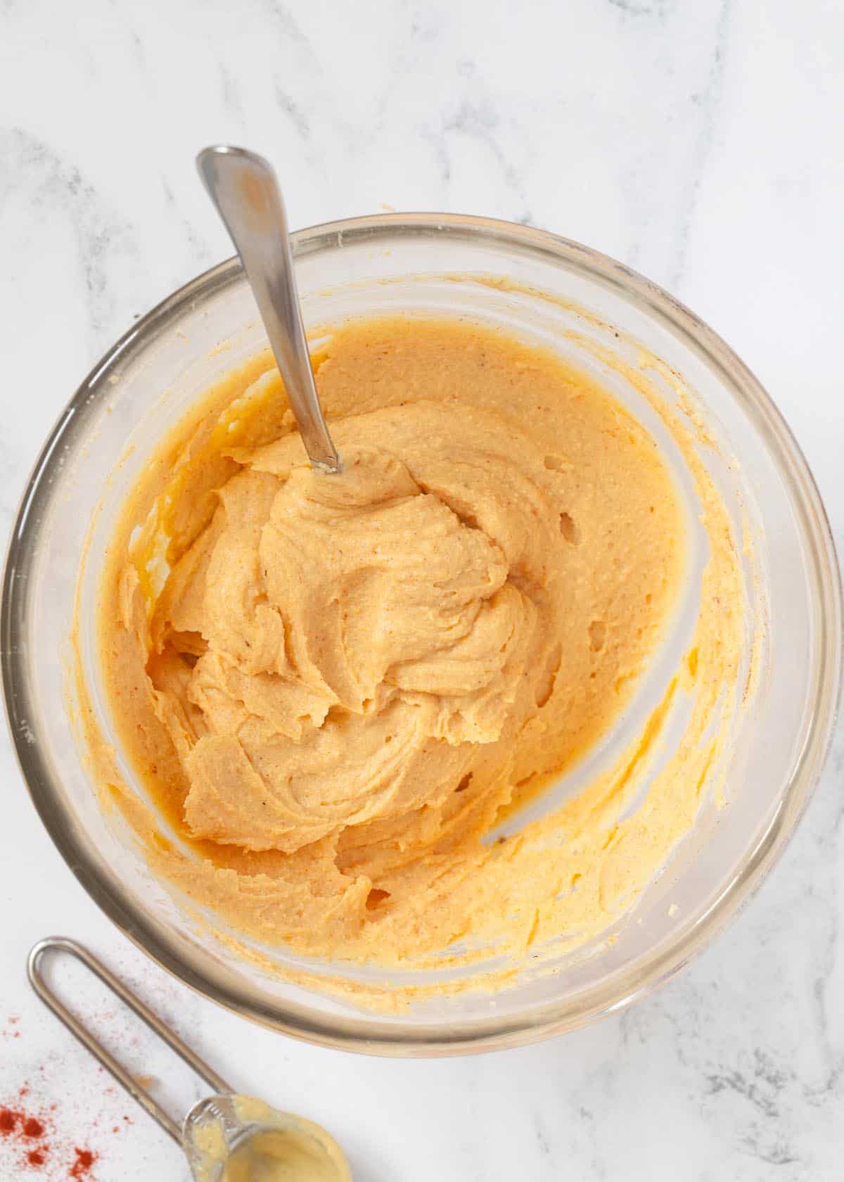 Filling for devilled eggs mixed in a bowl