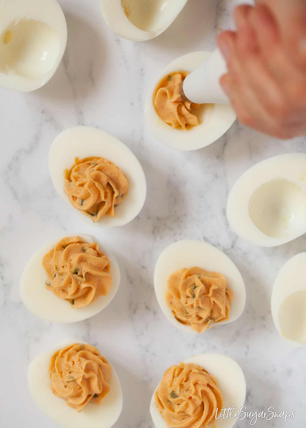 Piping filling into hard boiled egg whites