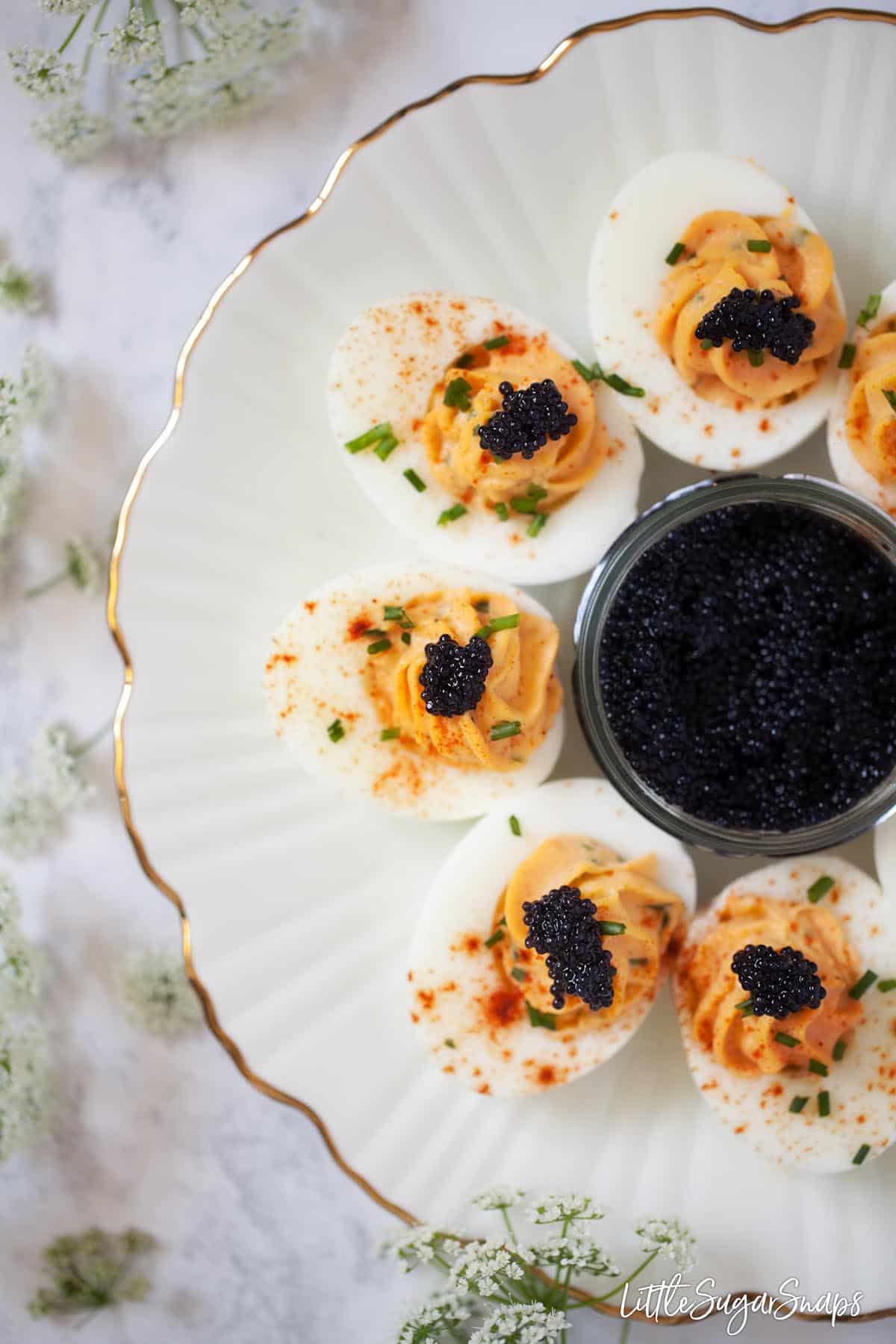 Close up on devilled eggs with caviar on a gold rimmed plate