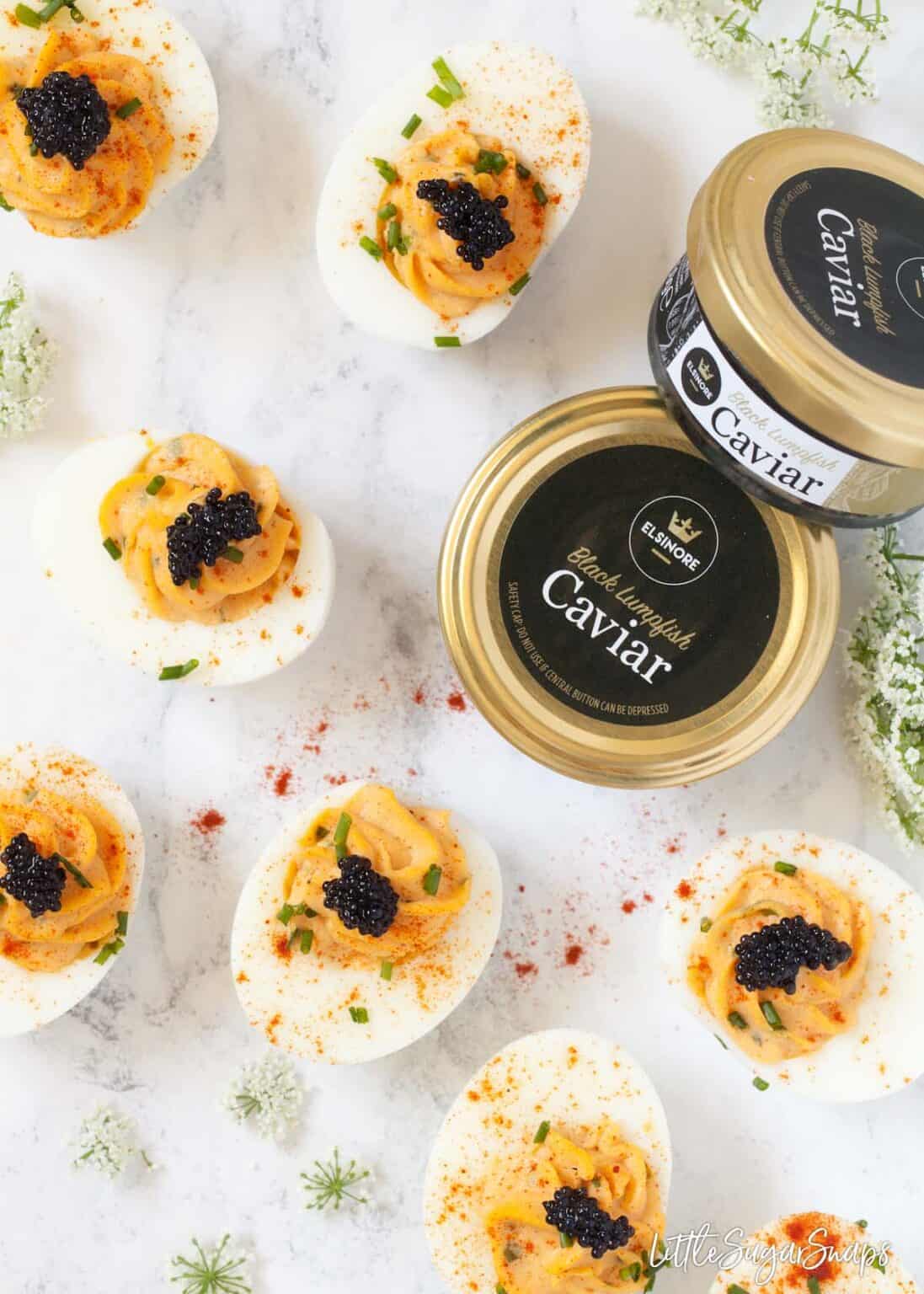 Devilled Eggs with Caviar Little Sugar Snaps