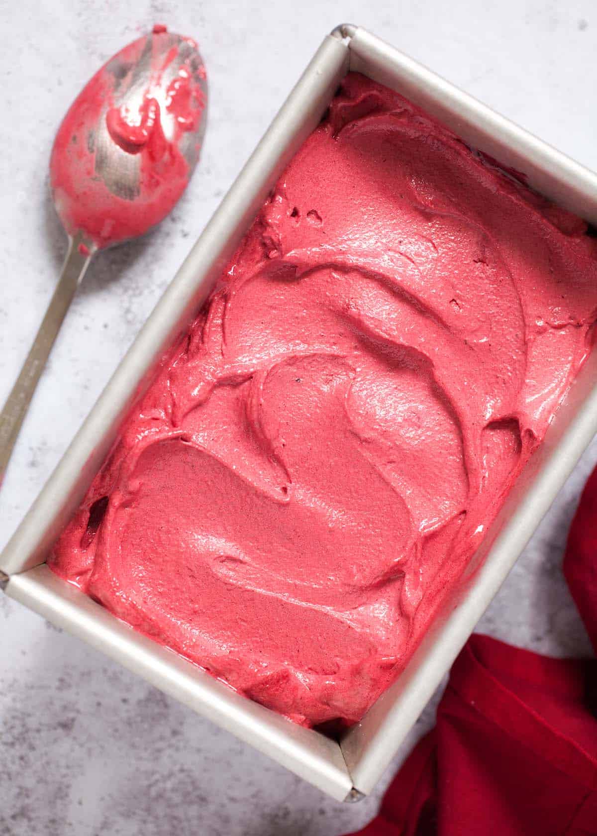 Blackcurrant sorbet in a metal tin