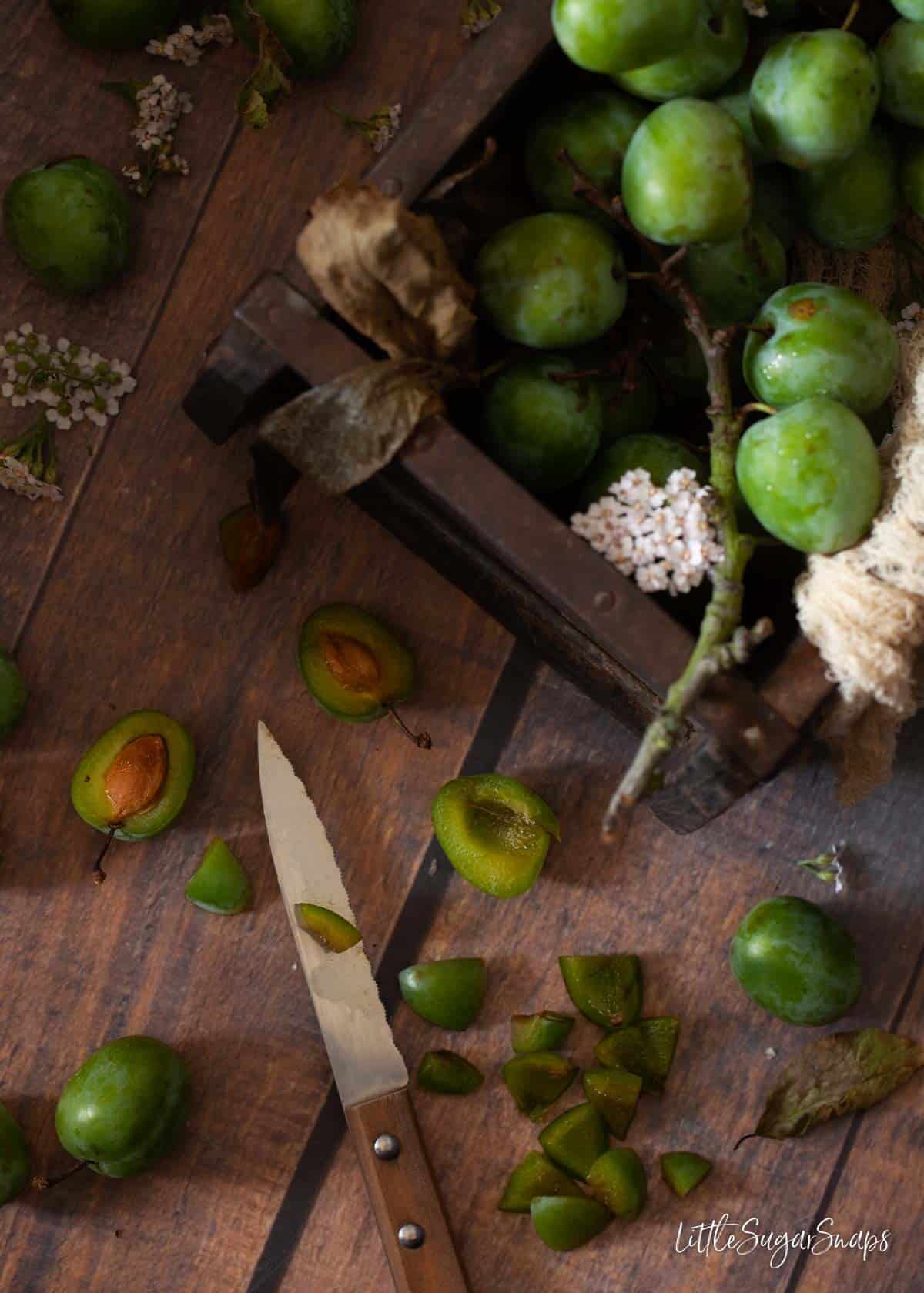 Fresh greengages being destoned and chopped for making fruit jam. 